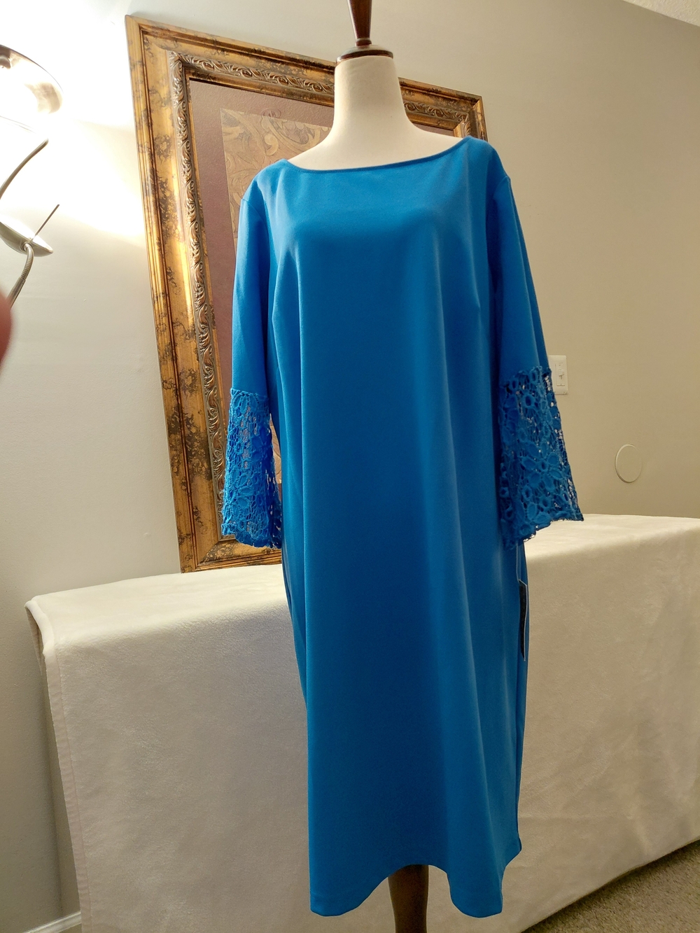 Sharagano 16W Blue Lace-Sleeve Shift Dress NWT $108